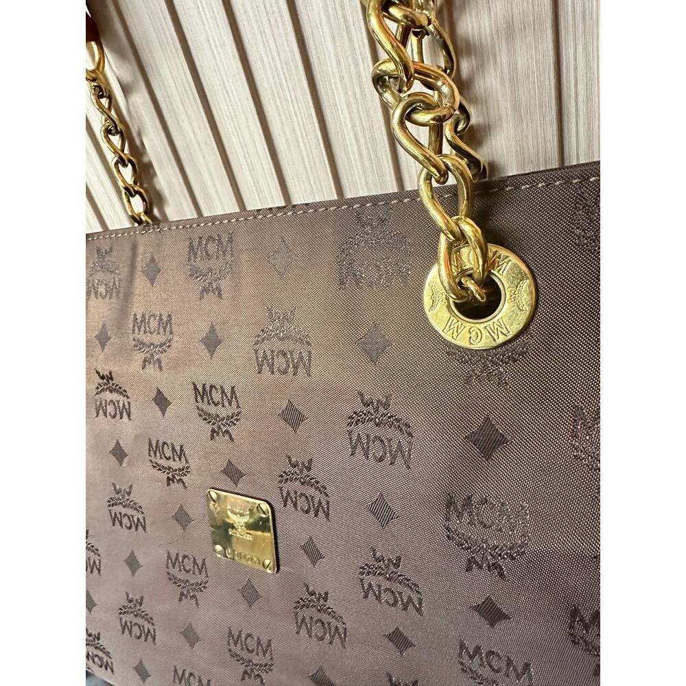 MCM Visetos Nylon Leather Logo Shoulder Tote Bag Brown Large Chain Straps - Picture 3 of 16